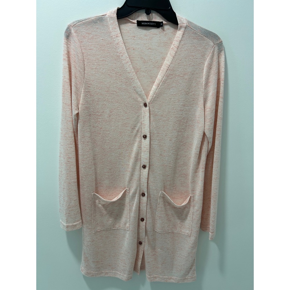 MEROKEETY Womens Peach Space Dye Longline Cardigan Button Front Pockets Small